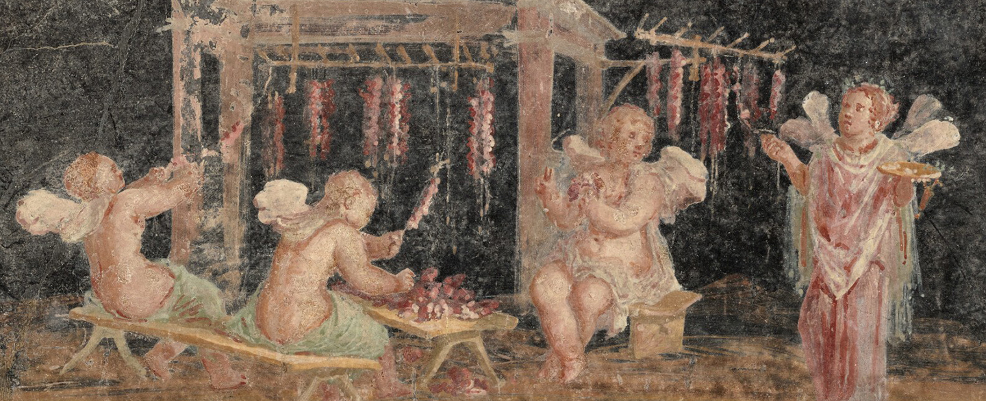 Cận cảnh các vị Thần Cupid trong tác phẩm “Fresco Fragment With Four Cupids Hanging Garlands” (Tấm Bích Hoạ Có Bốn Vị Thần Cupid Đang Treo Những Dây Hoa) do một họa sỹ khuyết danh vẽ khoảng năm 50 – 79 Công Nguyên. (Ảnh: Tư liệu công cộng)